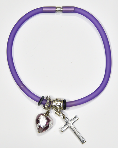 Purple Silicon bracelet - genuine SILVER LEAF&AMETHYST Venetian Murano glass Heart