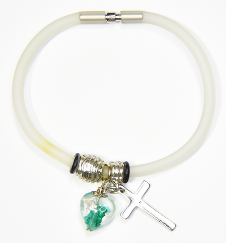 White Silicon bracelet - genuine SILVER LEAF&GREEN Venetian Murano glass Heart