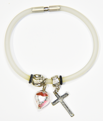 White Silicon bracelet - genuine SILVER LEAF&ROSE Venetian Murano glass Heart