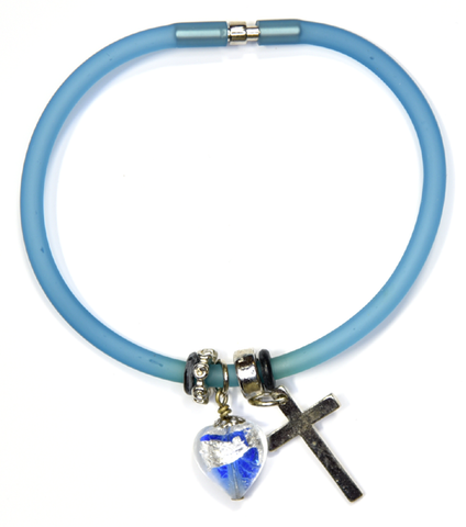 Blue Silicon bracelet - genuine SILVER LEAF&BLUE Venetian Murano glass Heart