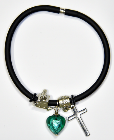 Black silicon bracelet with genuine EMERALD Venetian Murano glass Heart