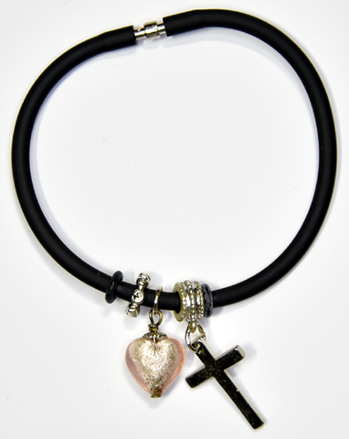 Black silicon bracelet with genuine ROSE Venetian Murano glass Heart