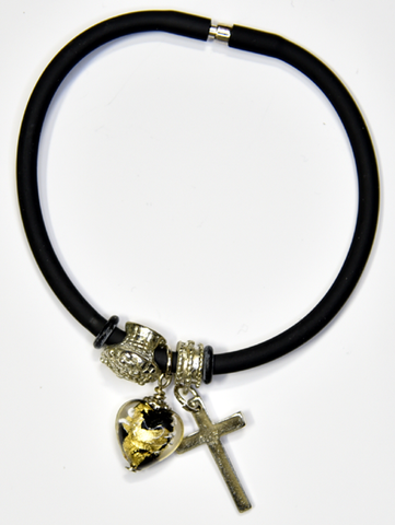 Black silicon bracelet with genuine GOLD LEAF&BLACK Venetian Murano glass Heart