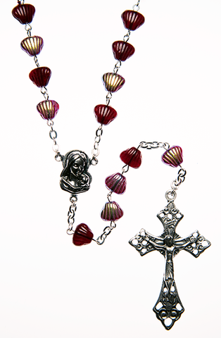 Glass Rosary with Garnet color shell shaped beads - RM92A-19