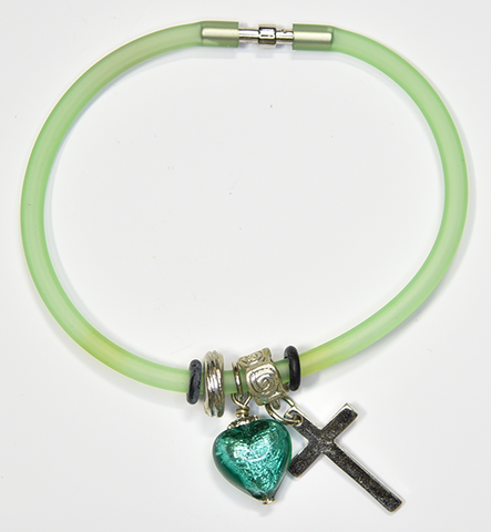 Green Silicon bracelet - genuine EMERALD Venetian Murano glass Heart