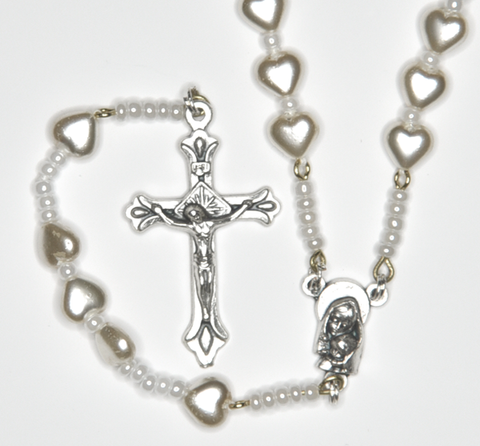 Rosary with heart beads imitation white pearl, cord linked - RP37LA-4
