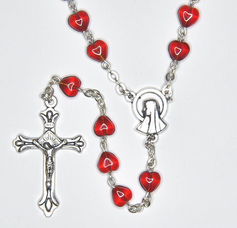 Rosary with ruby red glass heart shaped beads silver plated - RM37-10