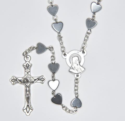 Rosary with hematite glass heart shaped beads silver plated - RMRR37-14