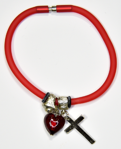 Red Silicon bracelet - genuine GARNET Venetian Murano glass Heart