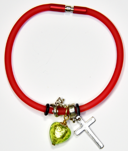 Red Silicon bracelet - genuine GREEN Venetian Murano glass Heart