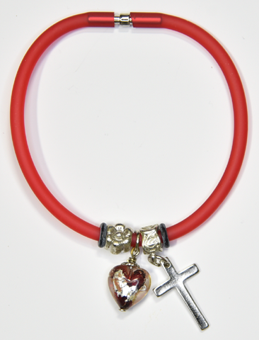 Red Silicon bracelet - genuine SILVER LEAF&RED Venetian Murano glass Heart