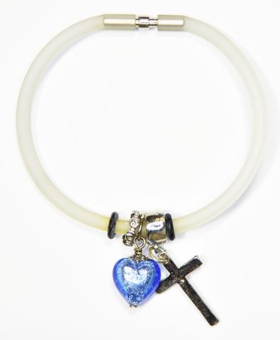 White Silicon bracelet - genuine COBALT BLUE Venetian Murano glass Heart