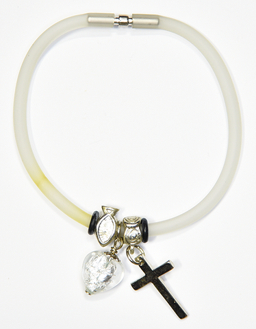 White Silicon bracelet - genuine SILVER LEAF Venetian Murano glass Heart